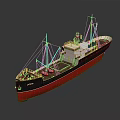 Vintage Cargo Ship Model With Masts Smokestack And Red Black Hull