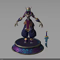3D Character Creature with Horns Purple Blue Attire Standing on Decorative Pedestal Near Blue Sword