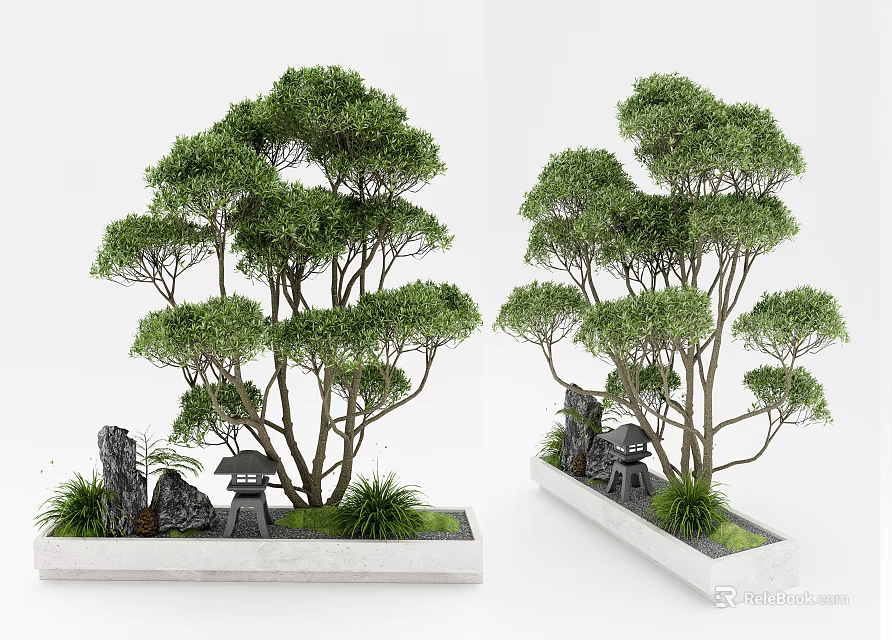 Bonsai Potted Plant with Lush Green Trees Small Stone Lantern Decorative Stones and Rectangular Container 3d model 