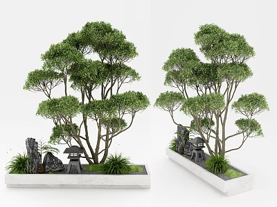Bonsai Potted Plant with Lush Green Trees Small Stone Lantern Decorative Stones and Rectangular Container 3d model