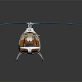 White and Orange Helicopter with Blue Rotor Blades Transparent Cockpit and Reflection