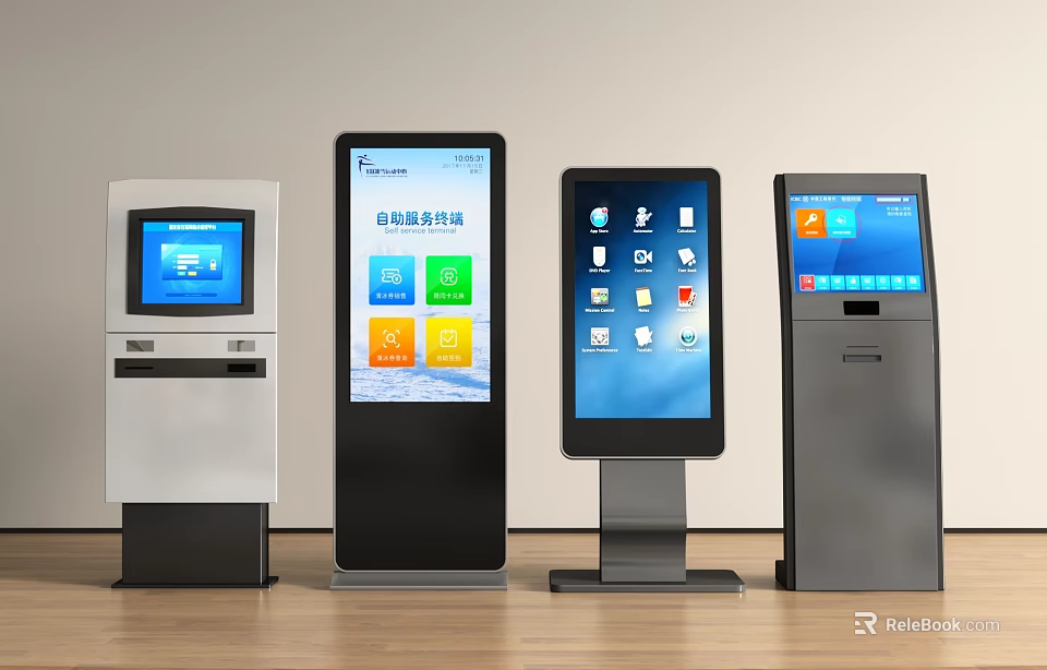 Modern Self Service All In One Kiosks With Different Designs And Screen Interfaces 3d model 