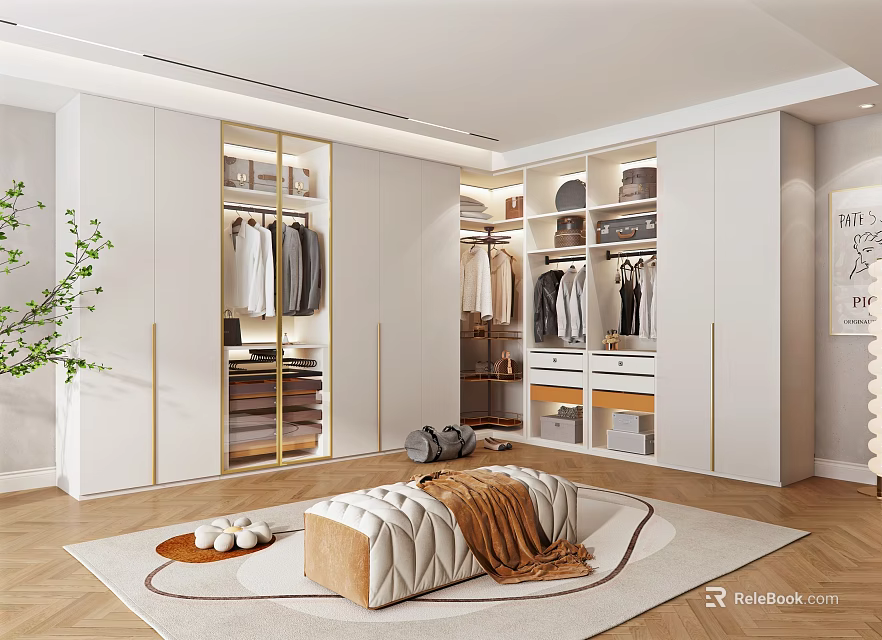 Modern Walk In Closet Design With White Cabinets Gold Accents And Cozy Seating 3d model 