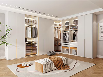 Modern Walk In Closet Design With White Cabinets Gold Accents And Cozy Seating 3d model