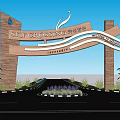 Sky Crossing Entrance Gate With Wooden Structure Signage And Fountain Plants