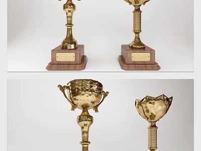 Golden Trophies Featuring Exquisite Designs And Wooden Base For Awards 3d model