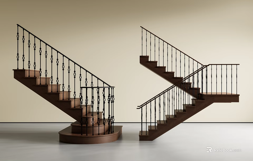 Modern Staircase With Black Railings And Wooden Steps For Home Interior 3d model 