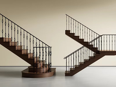Modern Staircase With Black Railings And Wooden Steps For Home Interior 3d model