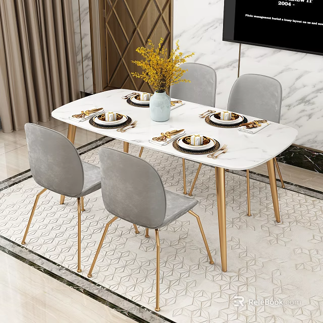 Elegant Modern Dining Table Set With Marble Tabletop Grey Chairs And Gold Legs 3d model