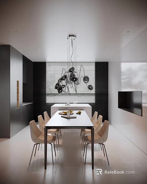 Modern Restaurant Interior With Dining Table Chairs Stylish Pendant Lights Black White Walls And TV 3d model 