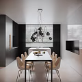 Modern Restaurant Interior With Dining Table Chairs Stylish Pendant Lights Black White Walls And TV
