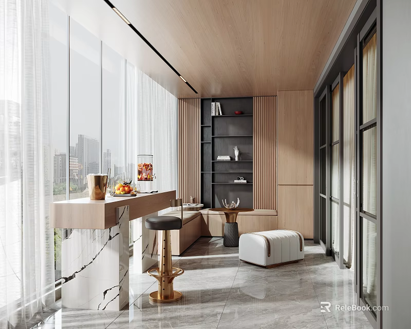 Modern Home Balcony Design With Large Windows City View Wooden Ceiling And Marble Countertop 3d model 
