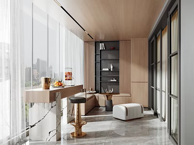 Modern Home Balcony Design With Large Windows City View Wooden Ceiling And Marble Countertop 3d model