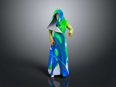 Game and Movie Character Wearing Green Blue Leaf Patterned Hooded Robe with Flowing Design 3d model