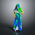 Game and Movie Character Wearing Green Blue Leaf Patterned Hooded Robe with Flowing Design