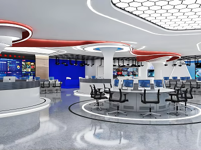 Modern Monitoring Room Interior With Multiple Screens Control Consoles Office Chairs And High Tech Equipment 3d model