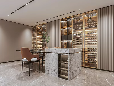 Modern Wine Cellar Design With Wooden Wine Racks Marble Countertop Dining Table And Chairs 3d model