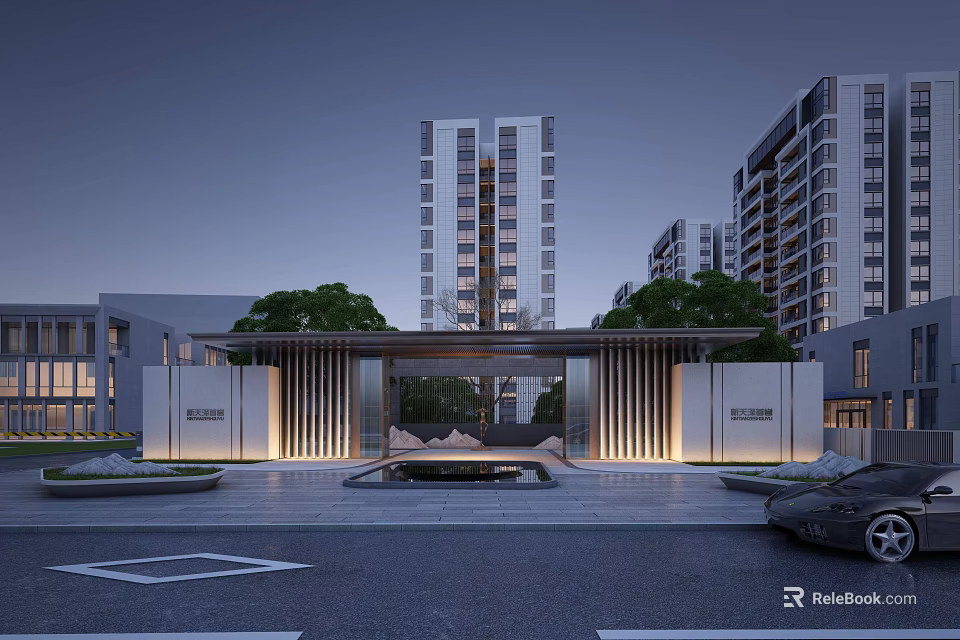 Elegant Modern Residential Entrance Gate With Decorative Pillars Trees And Landscape Lighting 3d model 