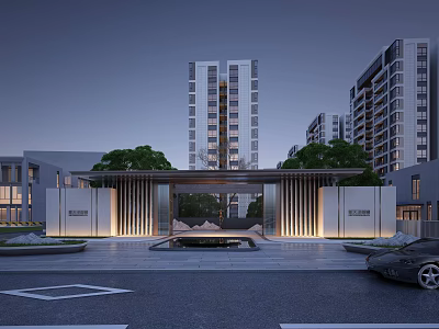 Elegant Modern Residential Entrance Gate With Decorative Pillars Trees And Landscape Lighting 3d model