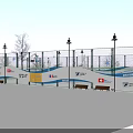 Outdoor Olympic Ice Rink With COC Logo Fencing Street Lamps And Benches