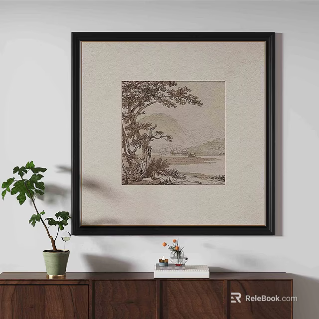 Elegant Framed Landscape Painting On Wall With Potted Plant And Small Table 3d model 