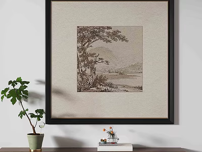 Elegant Framed Landscape Painting On Wall With Potted Plant And Small Table 3d model