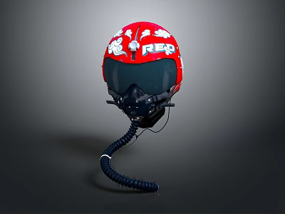 Red Helmet with White Floral Patterns REP Lettering Black Visor and Coiled Tube Design 3d model