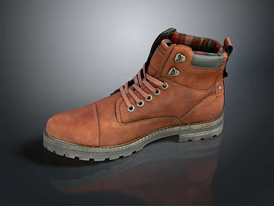 Brown Leather Boots With Plaid Lining Laces Metal Eyelets And Thick Rubber Sole 3d model