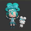 Cartoon Woman With Blue Twin Buns Blue Outfit Standing By White Rabbit With Blue Bow
