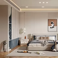 Modern Kids Room with Cozy Bed Nightstands Panda Plush Toy Skateboard Painting and Curtains