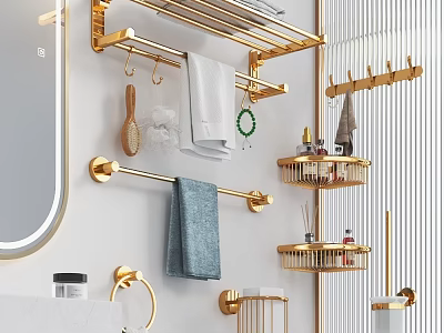 Modern Golden Bathroom Combination with Wall Mounted Towel Racks Shelves Mirror and Toiletries 3d model