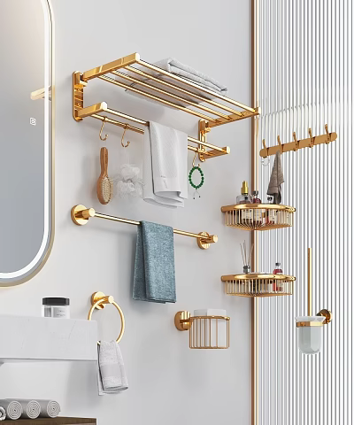 Modern Golden Bathroom Combination with Wall Mounted Towel Racks Shelves Mirror and Toiletries 3d model