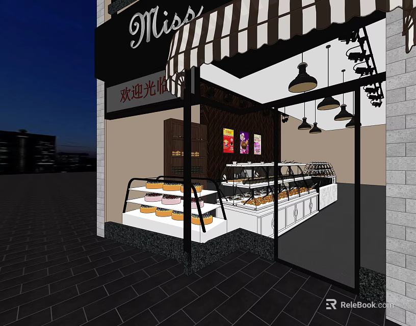 Cozy Mall Bakery Shop With Striped Awning Hanging Lights And Pastry Display Cases 3d model 