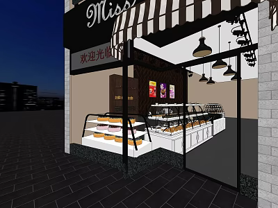 Cozy Mall Bakery Shop With Striped Awning Hanging Lights And Pastry Display Cases 3d model