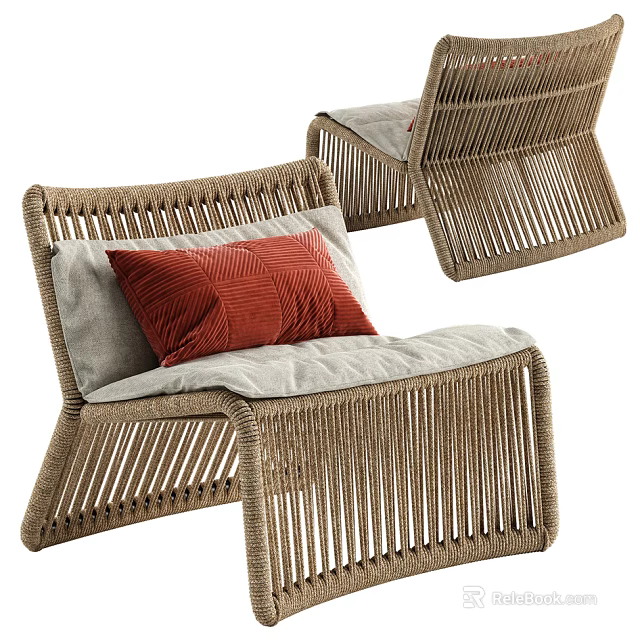 Stylish Rattan Leisure Chair with Gray Cushion and Red Pillow Design 3d model 