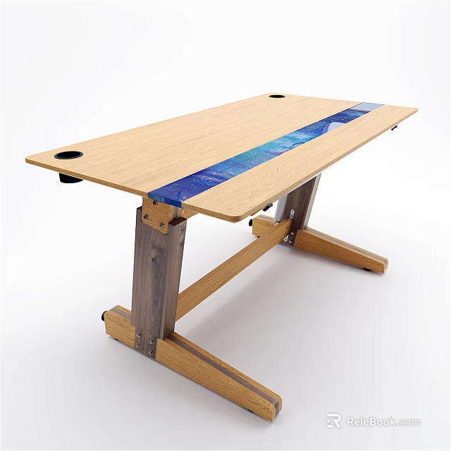 Modern Office Desk Featuring Wooden Desktop Blue Decorative Strip And Sturdy Legs 3d model 