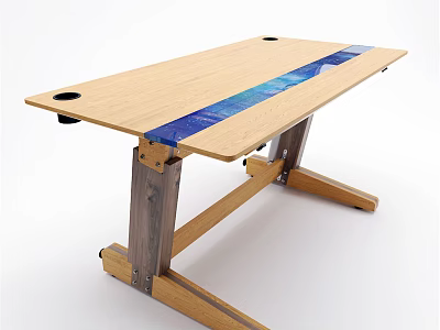 Modern Office Desk Featuring Wooden Desktop Blue Decorative Strip And Sturdy Legs 3d model