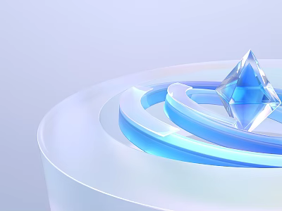 Futuristic Blue Crystal Pyramid On Circular Base With Smooth Surface And Glowing Blue Rings 3d model