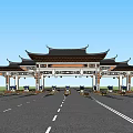 Chinese Traditional Toll Station With Overhanging Eaves Multiple Lanes and Toll Booths