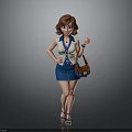Stylish 3D Female Character With Brown Short Hair White Top Blue Vest Skirt And Handbag