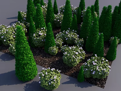Cone Shaped Evergreen Trees with White Flowering Bushes in Garden Landscape 3d model