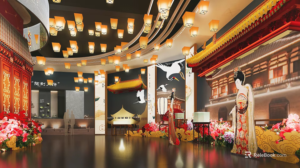 Chinese Themed Interior With Hanging Lanterns Traditional Costume Figures And Floral Decorations 3d model 
