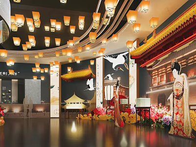 Chinese Themed Interior With Hanging Lanterns Traditional Costume Figures And Floral Decorations 3d model