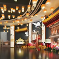 Chinese Themed Interior With Hanging Lanterns Traditional Costume Figures And Floral Decorations