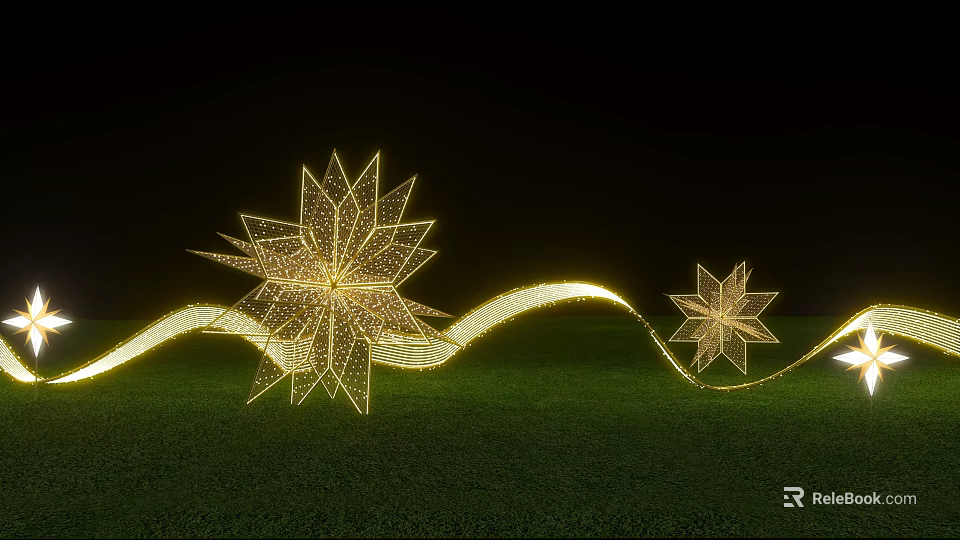 Outdoor Golden Star Art Installation With Wavy Light Strips On Green Grass At Night 3d model 