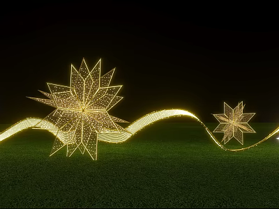 Outdoor Golden Star Art Installation With Wavy Light Strips On Green Grass At Night 3d model