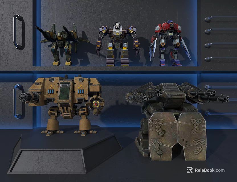 Decorative Mecha Models Figurine Set Displayed On Cabinet Shelf With Various Designs 3d model