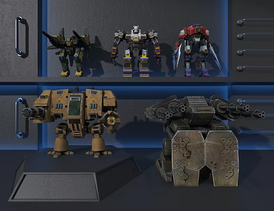 Decorative Mecha Models Figurine Set Displayed On Cabinet Shelf With Various Designs 3d model