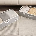 Beige Fabric Storage Baskets With Wooden Handles For Folded Clothes On Carpet