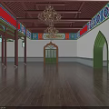 Traditional Chinese Architecture Interior With Wooden Beams Colorful Paintings Red Banner And Green Windows
